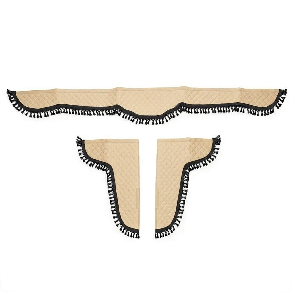 Set Accesorii Cabină PREMIUM Crem BUTTERFLY - Parasolar și Colțare Matlasate cu Ciucuri